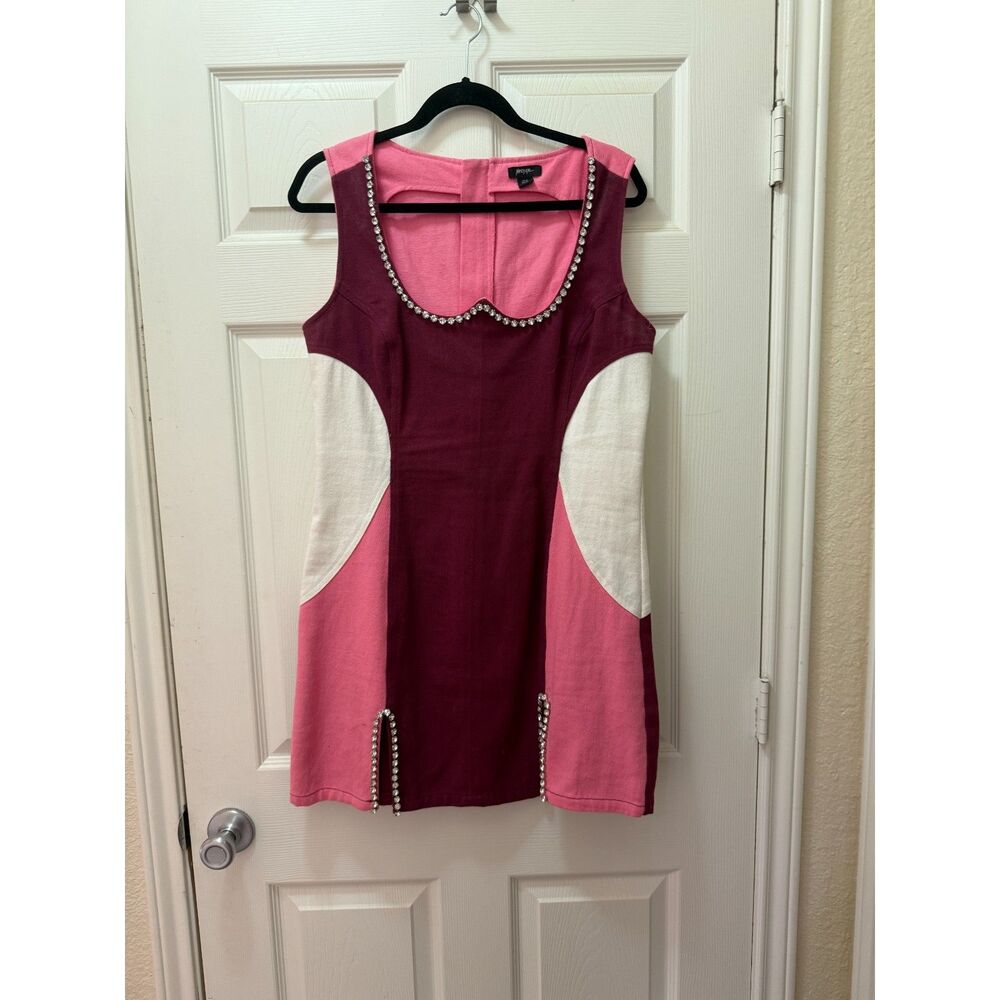 Nasty Gal Diamante Embellished Denim Mini Dress Pink Sz 12 - Picture 3 of 5